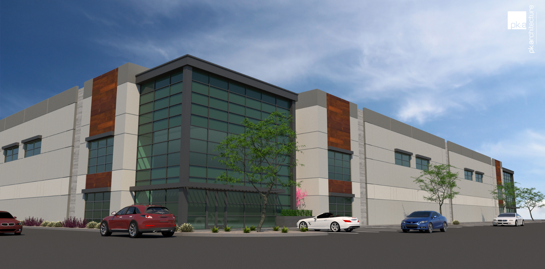 Rendering of an Industrial Building called Conejo Summit, Thousand Oaks, CA with glass windows and wood paneling and a dark grey awnings