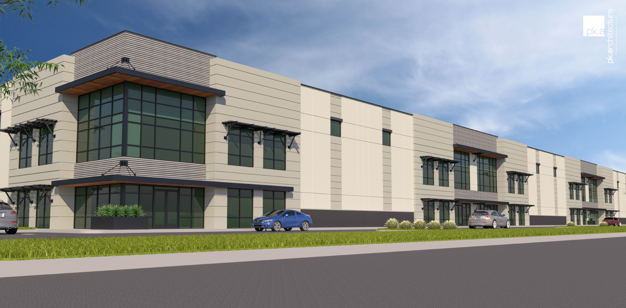 Rendering of an Industrial Building called Conejo Summit, Thousand Oaks, CA with glass windows neutral exterior and a gray and wood awnings