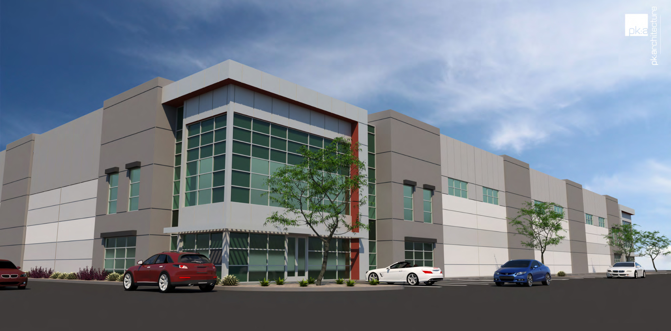 Rendering of an Industrial Building called Conejo Summit, Thousand Oaks, CA with glass windows grey exterior and a light and dark grey awnings