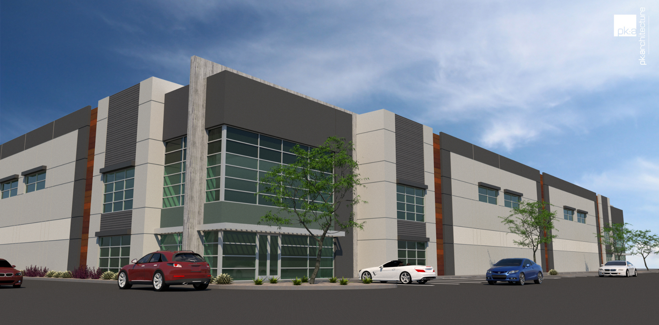 Rendering of an Industrial Building called Conejo Summit, Thousand Oaks, CA with glass windows and wood paneling and a light grey awnings