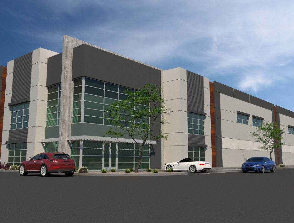 Rendering of an Industrial Building called Conejo Summit, Thousand Oaks, CA with glass windows and wood paneling and a light grey awnings