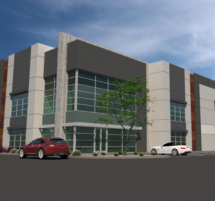 Rendering of an Industrial Building called Conejo Summit, Thousand Oaks, CA with glass windows and wood paneling and a light grey awnings