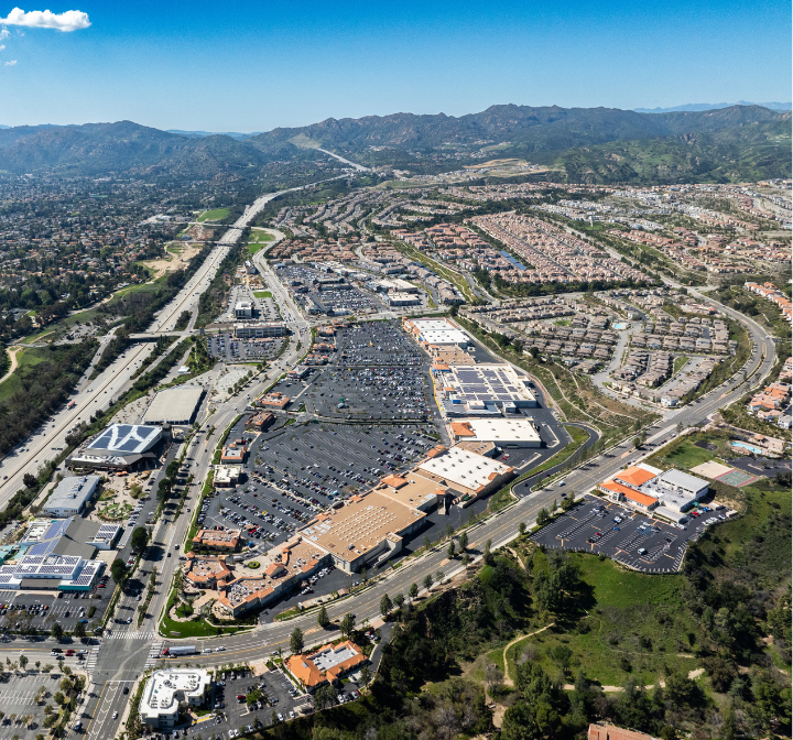 Aerial of Porter Ranch, CA from Town Center towards the mountains